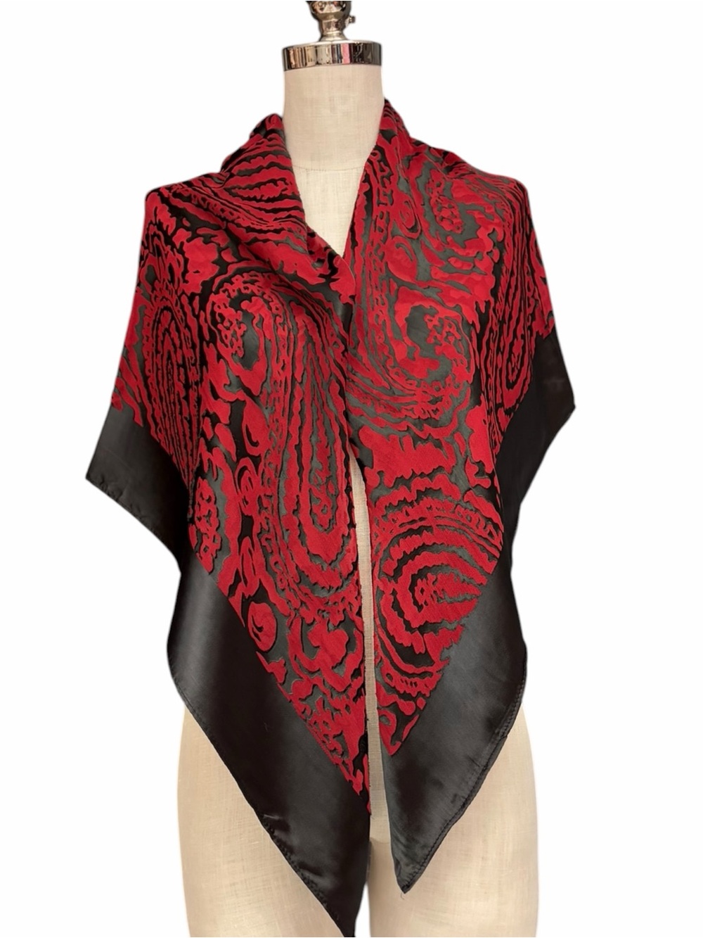 Cynthia Rowley Silk Rayon Burnout Velvet Scarf Red Black Paisley Goth Witchy
